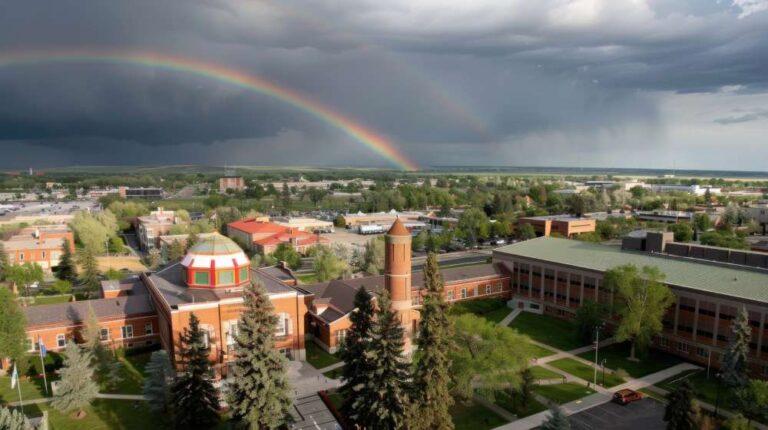 Beautiful view from the city with cloudy sky and rainbow